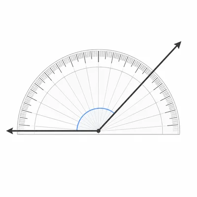 An angle with one ray pointing left, one ray pointing up-right, and a protractor overlay.