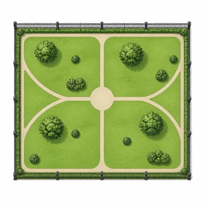 A rectangular park enclosed by a fence.