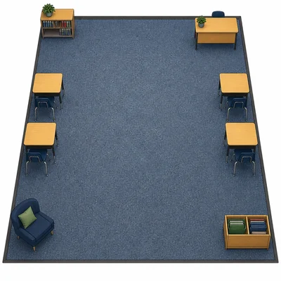 A rectangular classroom floor covered with carpet.