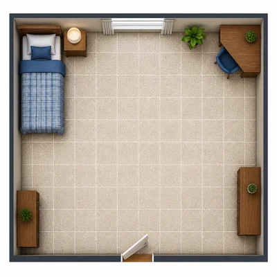 A rectangular bedroom floor shown from above with carpet covering the area.