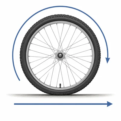 Bicycle wheel with arrows showing one full rotation and forward travel distance.