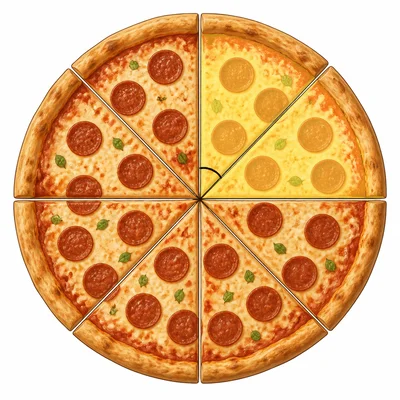 Pizza divided into equal slices with one central angle highlighted.