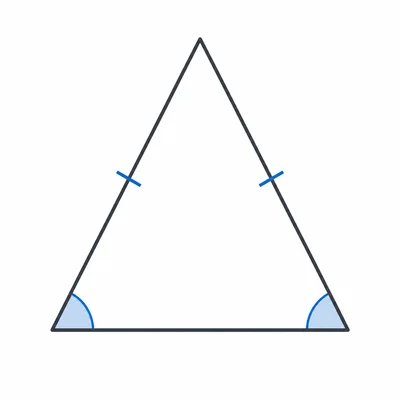 An isosceles triangle with two equal sides marked.