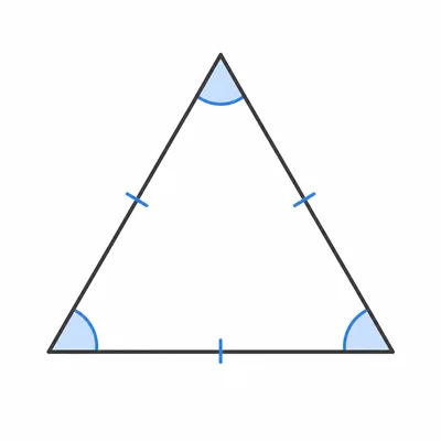 An equilateral triangle with all sides and angles marked equal.