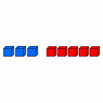 Three blue blocks next to five red blocks