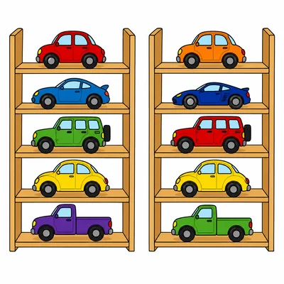 Five toy cars on one shelf next to five toy cars on another shelf