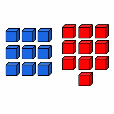 Nine blue cubes next to ten red cubes