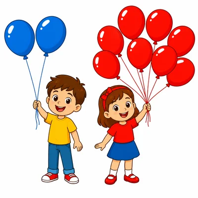 A child with two balloons next to a child with seven balloons