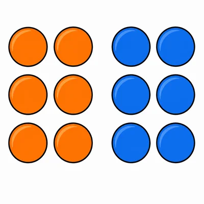Six orange counters next to six blue counters