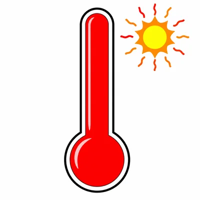 A thermometer filled to the top with red liquid and a sun.