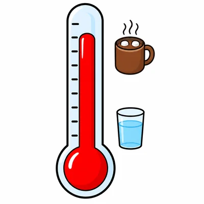 A thermometer comparing a warm cocoa mug near the top and a cooler water glass near the middle.