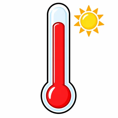 A thermometer with red liquid near the top and a sun icon.
