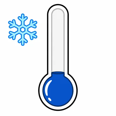 A very cold thermometer with blue liquid near the bottom and a snowflake.