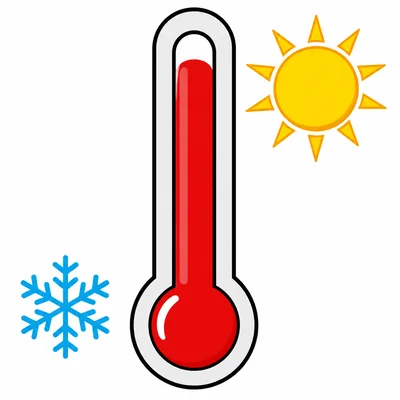 A thermometer showing warm high red liquid with a sun near the top and a snowflake near the bottom.