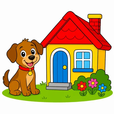 A dog sitting outside next to a house.