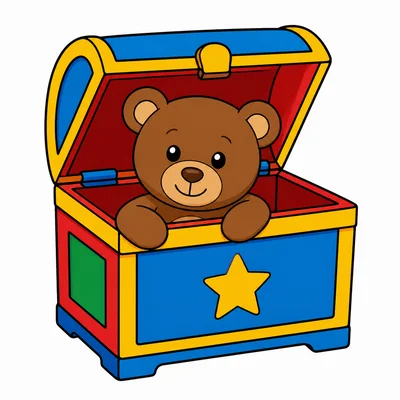 A teddy bear inside a toy chest.