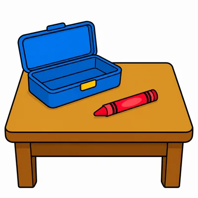 A crayon on a table outside a pencil box.