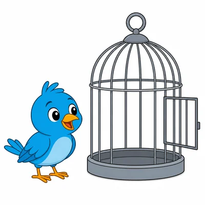A bird outside a birdcage.