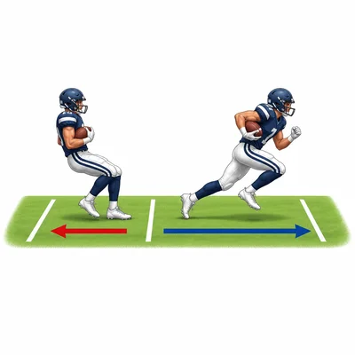 A football player with one backward arrow and one longer forward arrow on a field.