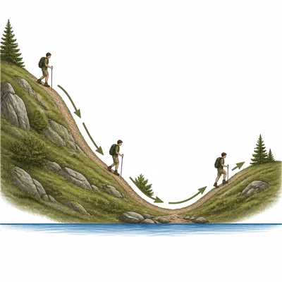 A hiker follows a path down a hill and then up, above a sea-level line.