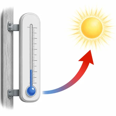 A cold thermometer with an upward arrow toward a sunny afternoon.