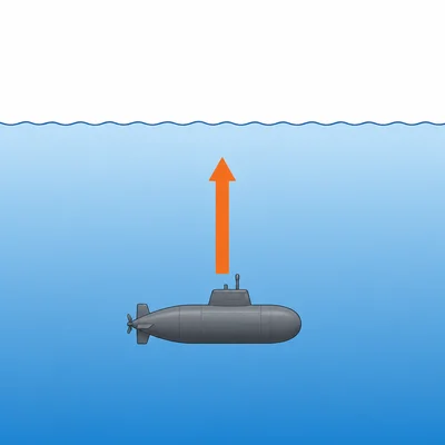 A submarine below the ocean surface with an upward arrow toward sea level.