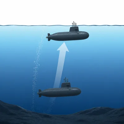 Submarine rising upward from a deeper negative depth to a shallower negative depth.