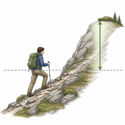 Hiker climbing from below a reference level to above it, showing a positive elevation change.