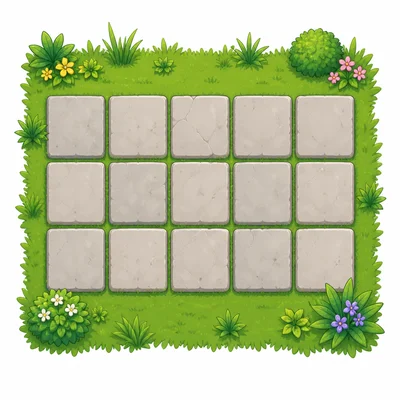 A garden path with 3 rows of 5 square tiles.