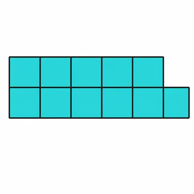 A tiled shape with 2 rows of 5 tiles and 1 extra tile on the side.
