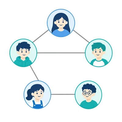 Five student icons connected by several lines representing collaboration pairs.