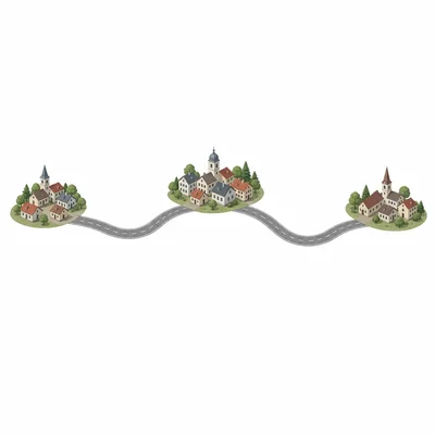 Three towns where the left town connects to the middle town and the middle town connects to the right town, with no direct road from left to right.