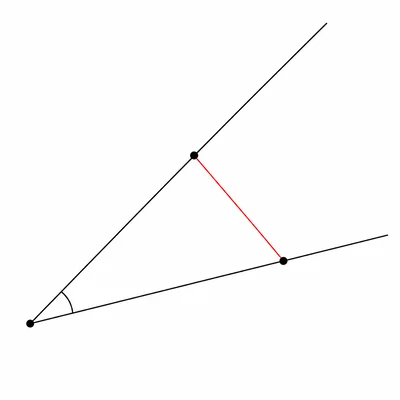 Two roads leaving a town at an angle with two points connected by a distance segment.