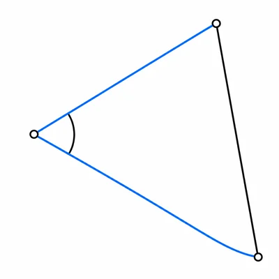 Triangular field with two sides and the included angle marked, showing the third side.