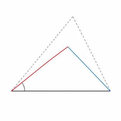 Triangle diagram for an SSA case with a dashed alternate possible triangle.