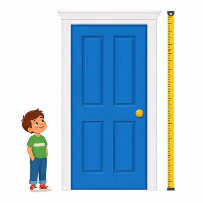 A tall doorway with a child and a measuring tape beside it.
