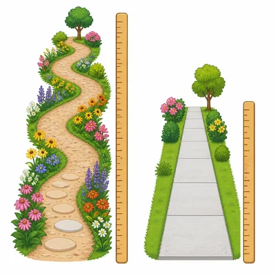 A garden path and sidewalk shown side by side with measuring sticks.