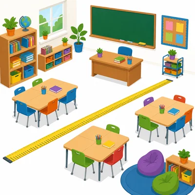 A classroom with a long measuring tape across the floor.