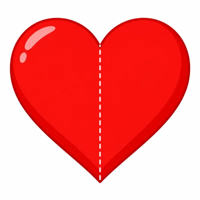 A red heart with a dashed vertical line through its center.