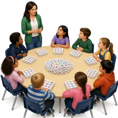 A teacher shares stickers equally among eight students.