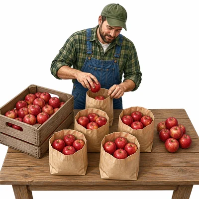 A farmer packs apples into bags with a few apples left over.