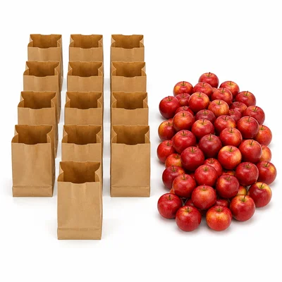 Thirteen grocery bags next to a pile of apples for an equal sharing problem.