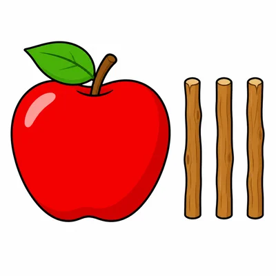 A red apple beside three tally marks.