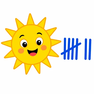 A sun beside seven tally marks.