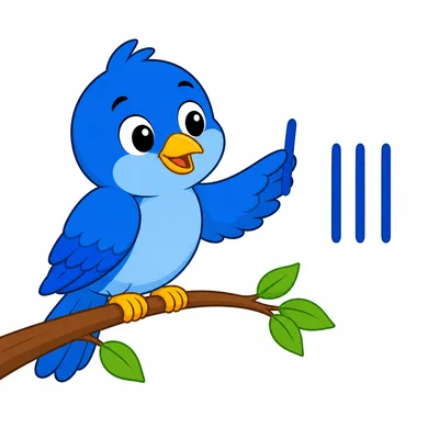A bird with three tally marks and one more tally mark.