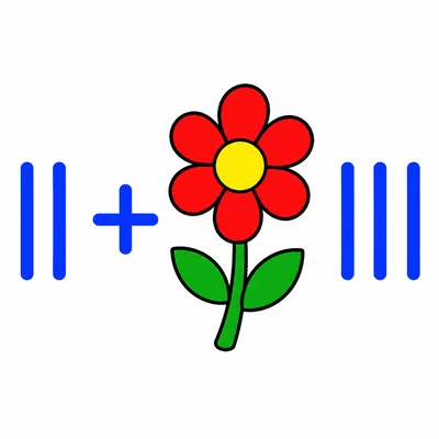 A flower with two tally marks and three more tally marks.