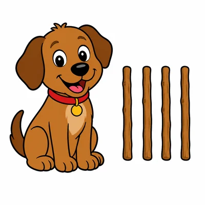 A dog beside four tally marks.