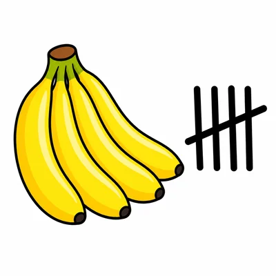 A banana bunch beside a five-mark tally group.