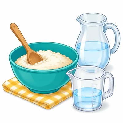 A recipe setup with water in a measuring cup.