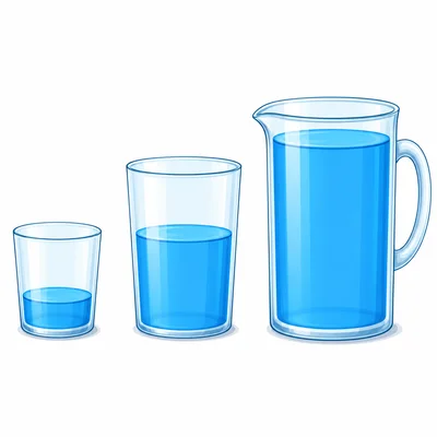 Three containers with different amounts of liquid.